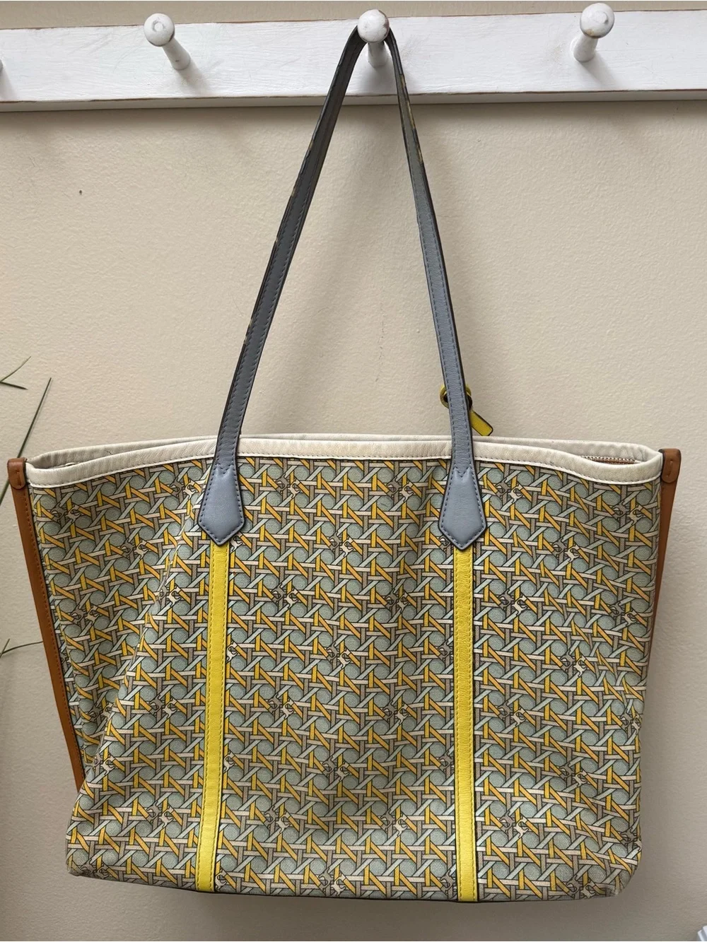 Tory Burch Perry Canvas Tote Bag Purse Weave Large Medium White Blue Yellow